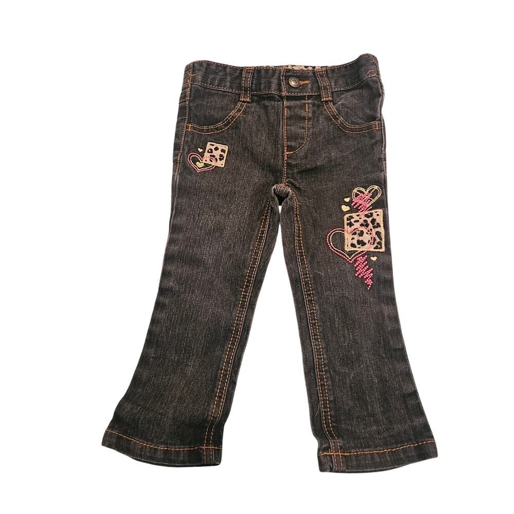 Healthtex Girls Jeans 18M Bootcut Dark Wash Embroidered Hearts Leopard Toddler